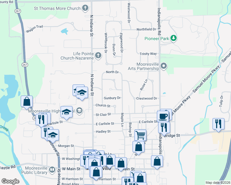 map of restaurants, bars, coffee shops, grocery stores, and more near 61 Sunset Manor in Mooresville