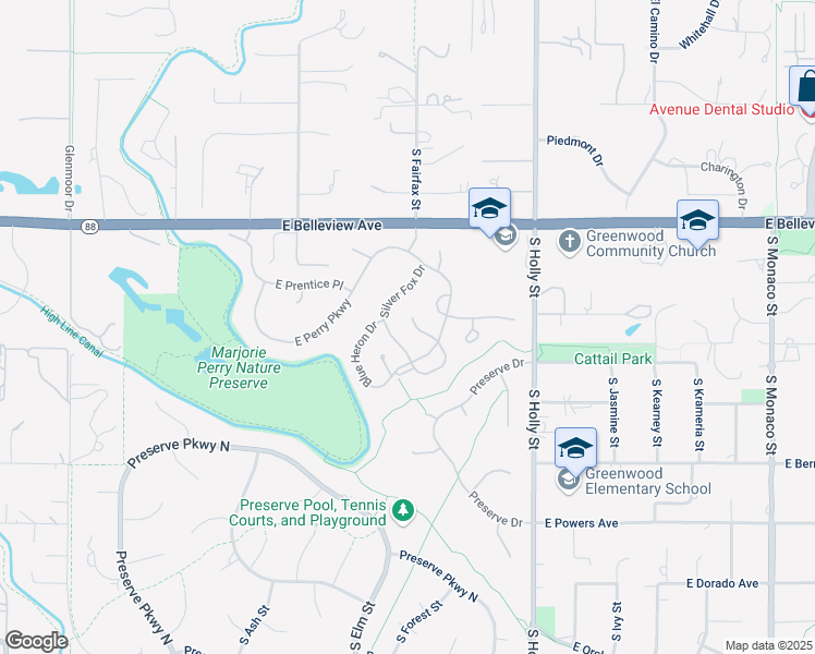 map of restaurants, bars, coffee shops, grocery stores, and more near 100 Blue Heron Court in Greenwood Village