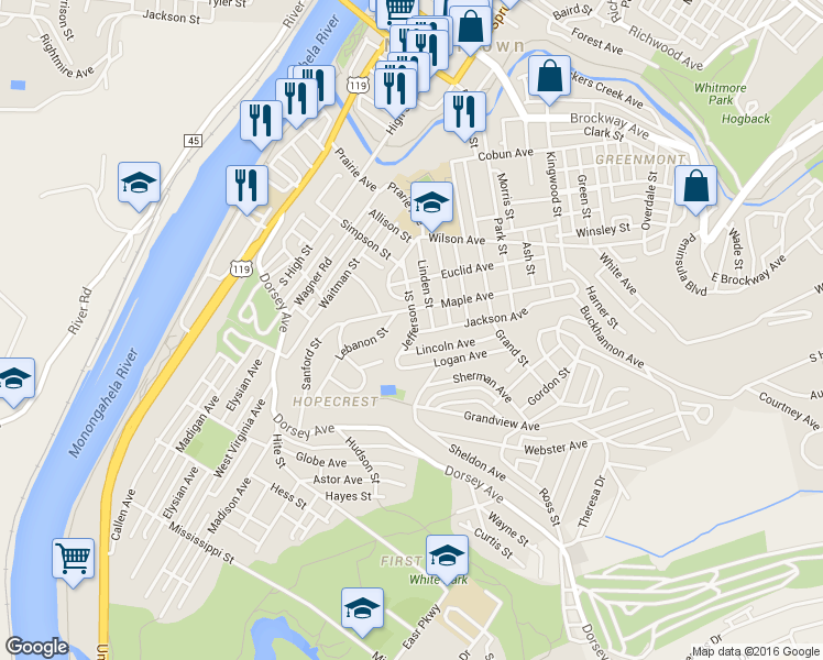 map of restaurants, bars, coffee shops, grocery stores, and more near 512B Jefferson Street in Morgantown