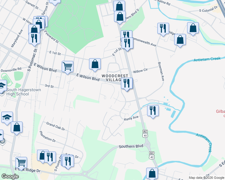 map of restaurants, bars, coffee shops, grocery stores, and more near 1018 Brinker Drive in Hagerstown
