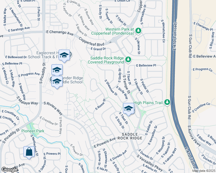 map of restaurants, bars, coffee shops, grocery stores, and more near 5255 South Shawnee Street in Aurora