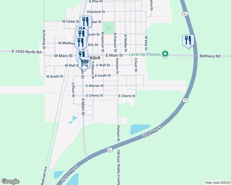 map of restaurants, bars, coffee shops, grocery stores, and more near 408-498 South Putnam Street in Moweaqua