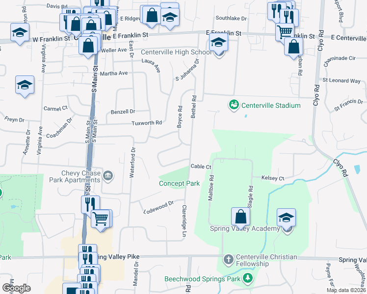 map of restaurants, bars, coffee shops, grocery stores, and more near 285 Boyce Road in Dayton