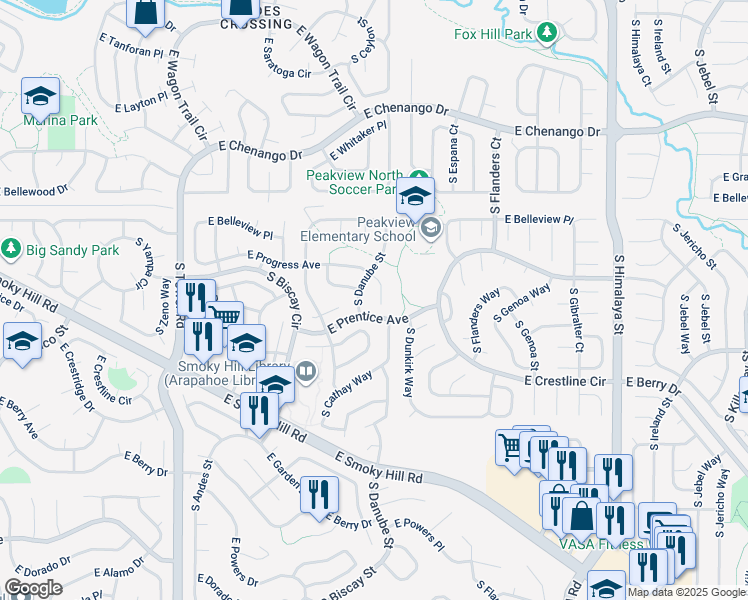 map of restaurants, bars, coffee shops, grocery stores, and more near 19270 East Progress Avenue in Centennial