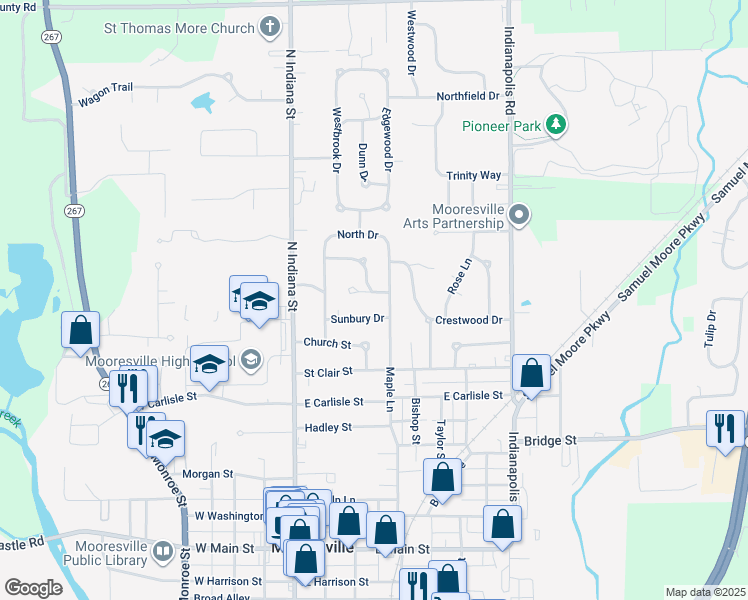 map of restaurants, bars, coffee shops, grocery stores, and more near 61 Sunset Manor in Mooresville