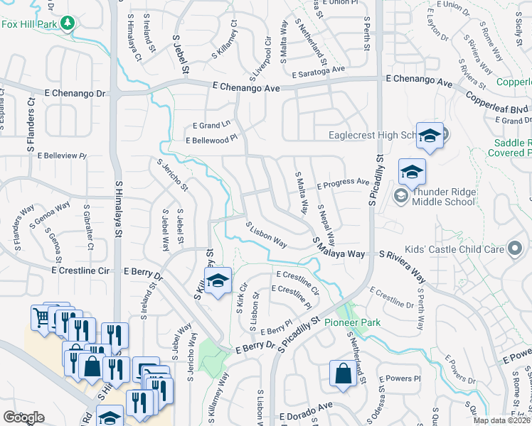 map of restaurants, bars, coffee shops, grocery stores, and more near 5256 South Liverpool Way in Centennial