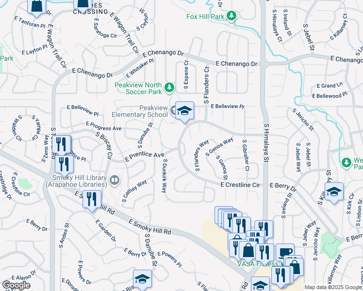 map of restaurants, bars, coffee shops, grocery stores, and more near 5227 South Espana Circle in Centennial
