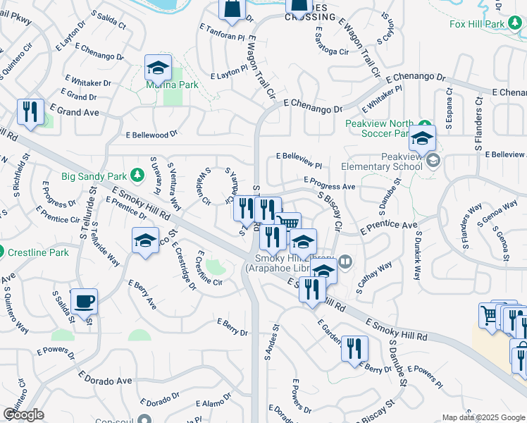 map of restaurants, bars, coffee shops, grocery stores, and more near 5246 South Andes Court in Centennial