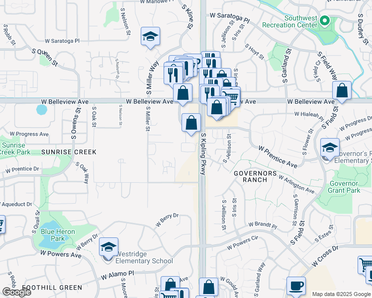 map of restaurants, bars, coffee shops, grocery stores, and more near 5275 South Kipling Parkway in Littleton