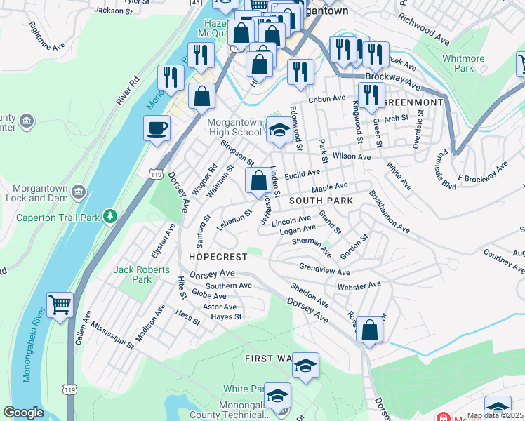 map of restaurants, bars, coffee shops, grocery stores, and more near 512B Jefferson Street in Morgantown