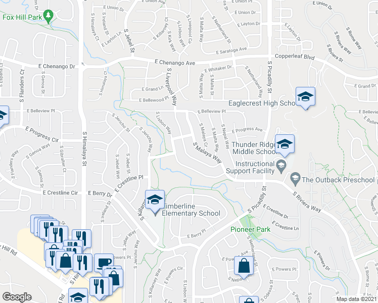 map of restaurants, bars, coffee shops, grocery stores, and more near 5256 South Liverpool Way in Centennial