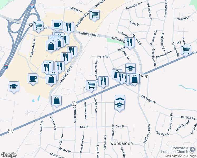 map of restaurants, bars, coffee shops, grocery stores, and more near 11203 Greenmount Avenue in Hagerstown