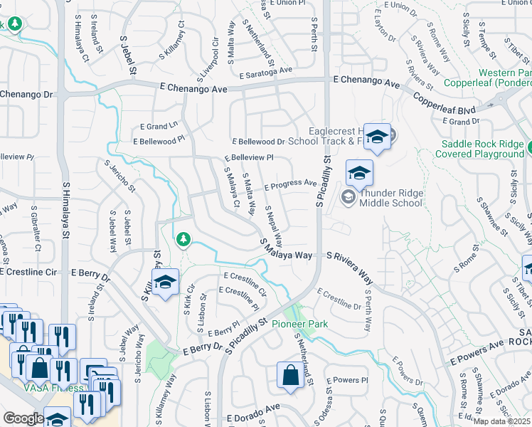 map of restaurants, bars, coffee shops, grocery stores, and more near 5263 South Nepal Way in Centennial