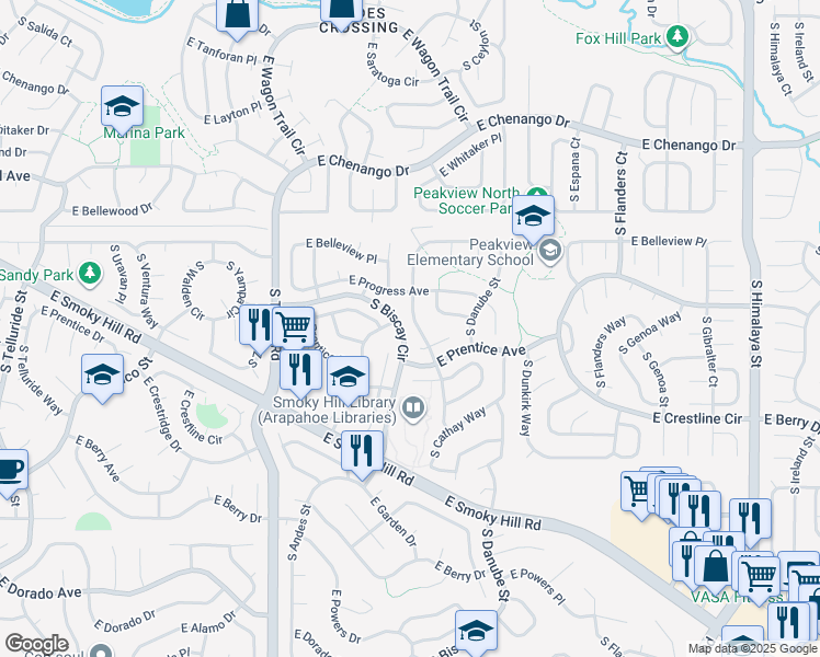 map of restaurants, bars, coffee shops, grocery stores, and more near 5251 South Cathay Court in Centennial
