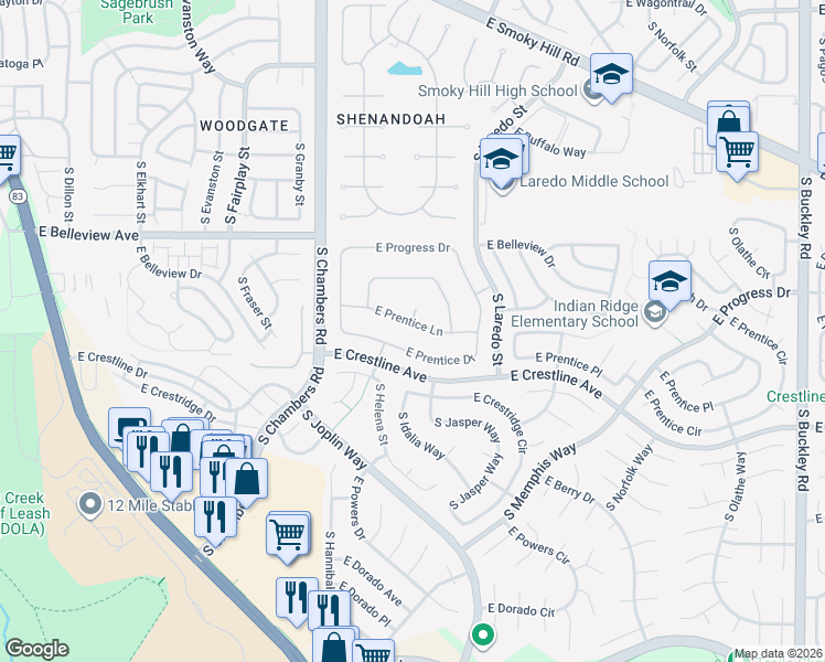 map of restaurants, bars, coffee shops, grocery stores, and more near 15656 East Prentice Lane in Centennial