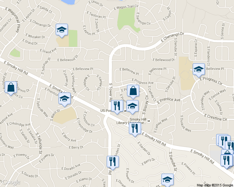 map of restaurants, bars, coffee shops, grocery stores, and more near 5246 S Andes Ct in Centennial