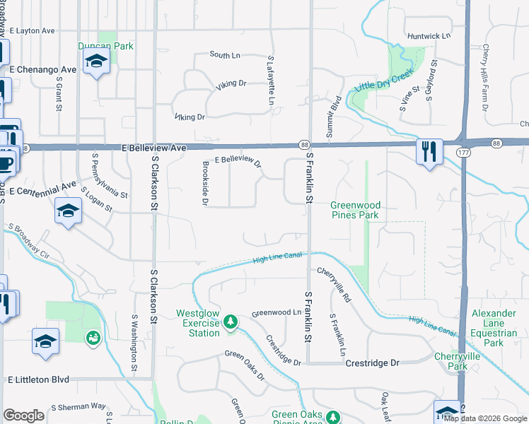 map of restaurants, bars, coffee shops, grocery stores, and more near 22 South Brookside Drive in Greenwood Village