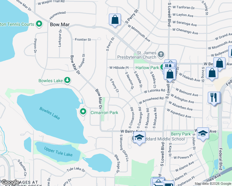 map of restaurants, bars, coffee shops, grocery stores, and more near 5295 South Perry Court in Littleton