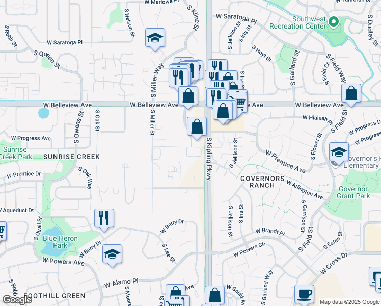 map of restaurants, bars, coffee shops, grocery stores, and more near 5275 South Kipling Parkway in Littleton