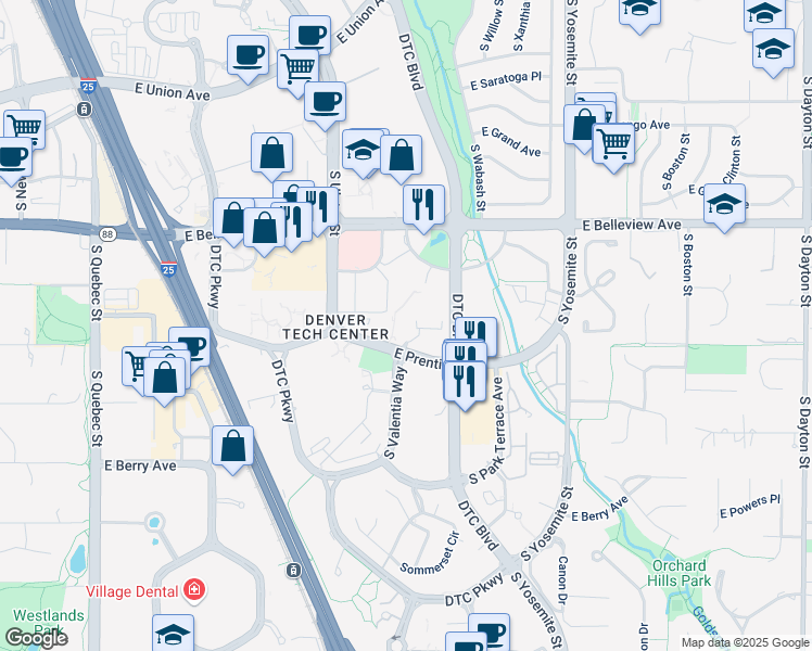 map of restaurants, bars, coffee shops, grocery stores, and more near 8301 East Prentice Avenue in Greenwood Village