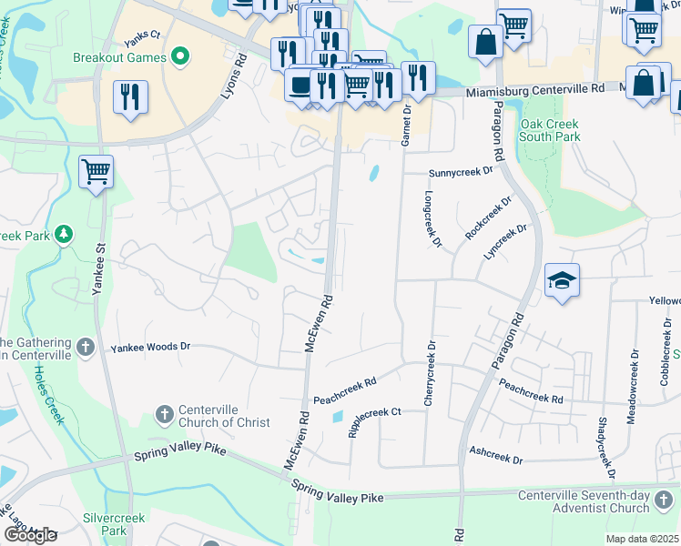 map of restaurants, bars, coffee shops, grocery stores, and more near 8456 Mc Ewen Road in Dayton