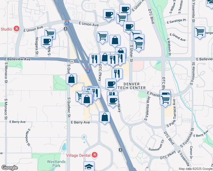 map of restaurants, bars, coffee shops, grocery stores, and more near 5275 DTC Parkway in Greenwood Village