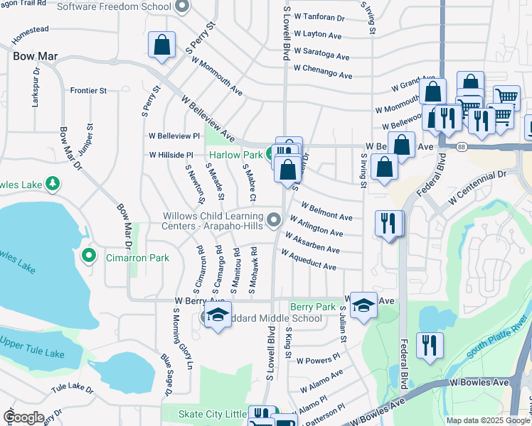 map of restaurants, bars, coffee shops, grocery stores, and more near 3710 West Latonka Road in Littleton