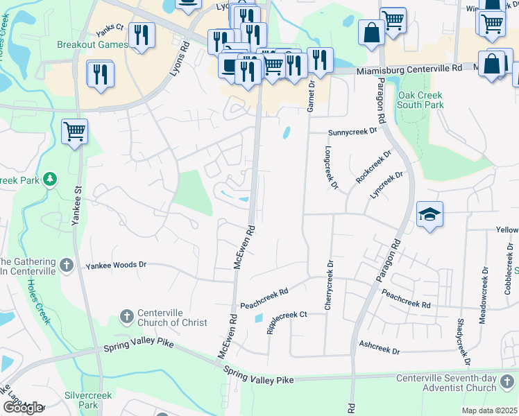 map of restaurants, bars, coffee shops, grocery stores, and more near 8456 Mc Ewen Road in Dayton