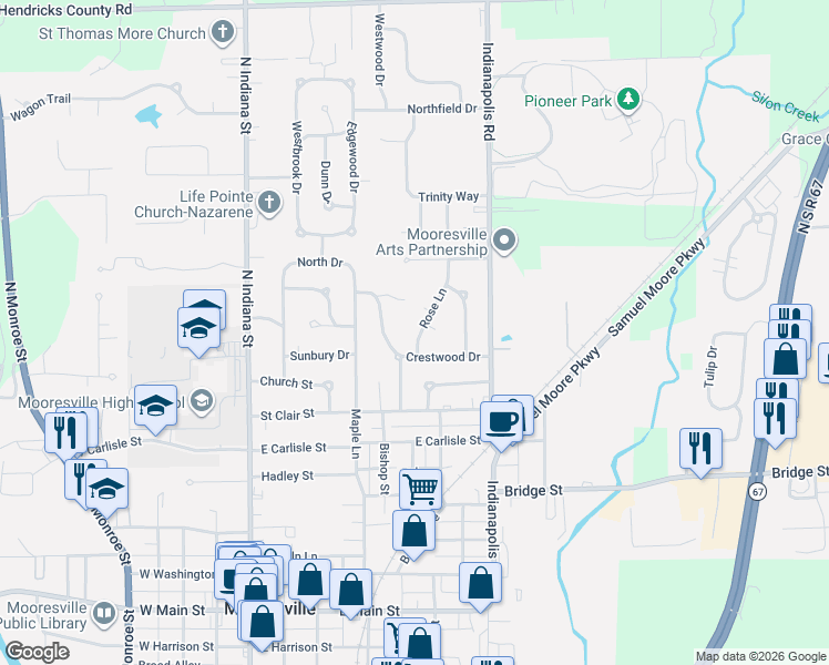 map of restaurants, bars, coffee shops, grocery stores, and more near 616 Rose Lane in Mooresville