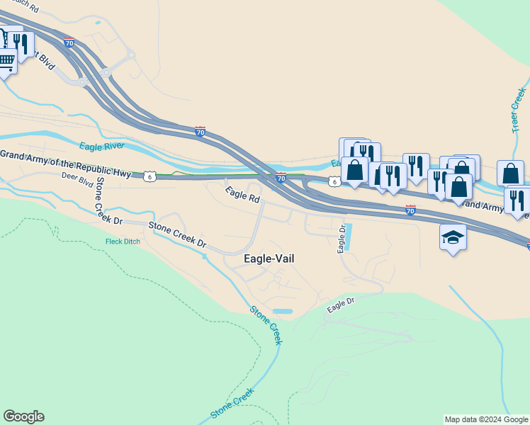 map of restaurants, bars, coffee shops, grocery stores, and more near 34 Stone Creek Drive in Vail