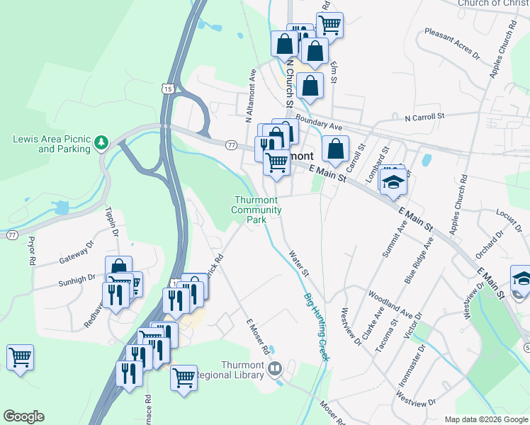 map of restaurants, bars, coffee shops, grocery stores, and more near 10 Frederick Road in Thurmont