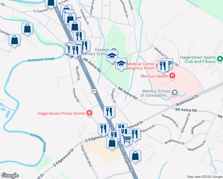 map of restaurants, bars, coffee shops, grocery stores, and more near 1549 Iris Court in Hagerstown