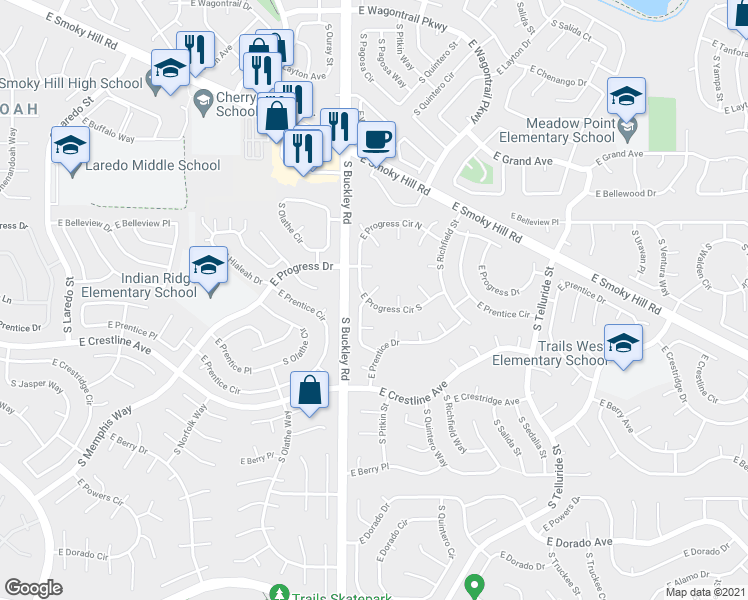 map of restaurants, bars, coffee shops, grocery stores, and more near 5240 South Pagosa Way in Centennial