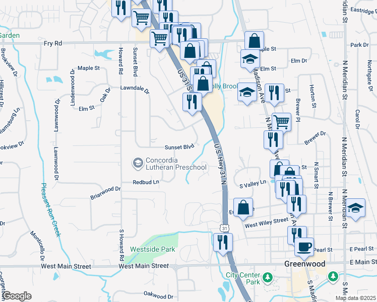 map of restaurants, bars, coffee shops, grocery stores, and more near 278 Sunset Boulevard in Greenwood
