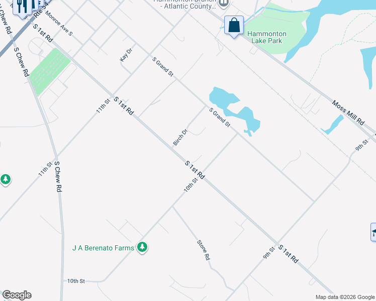 map of restaurants, bars, coffee shops, grocery stores, and more near 144 Birch Dr in Hammonton