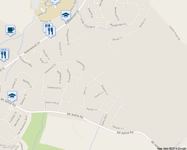 map of restaurants, bars, coffee shops, grocery stores, and more near 11205 Shalom Lane in Hagerstown