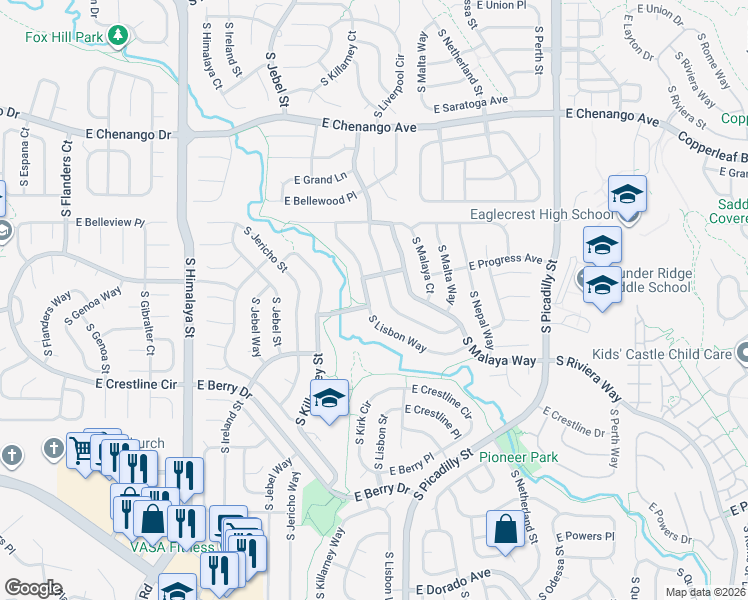 map of restaurants, bars, coffee shops, grocery stores, and more near 5244 South Lisbon Way in Centennial