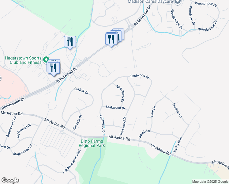 map of restaurants, bars, coffee shops, grocery stores, and more near 20206 Mahogany Circle in Hagerstown