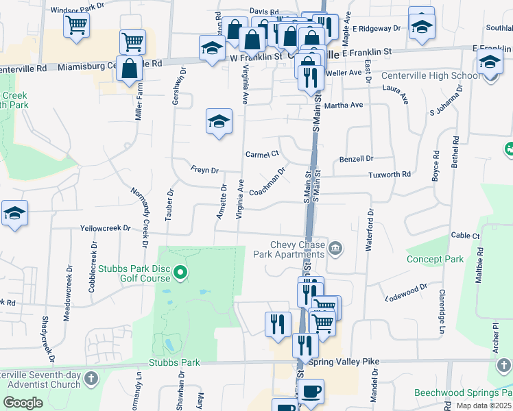 map of restaurants, bars, coffee shops, grocery stores, and more near 95 Dale Ridge Drive in Dayton