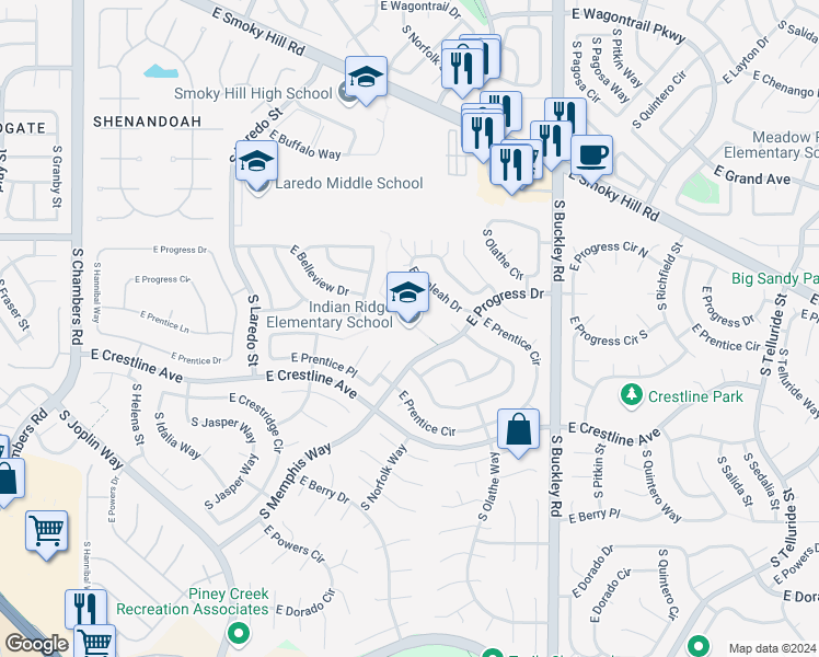 map of restaurants, bars, coffee shops, grocery stores, and more near 16501 East Progress Drive in Aurora