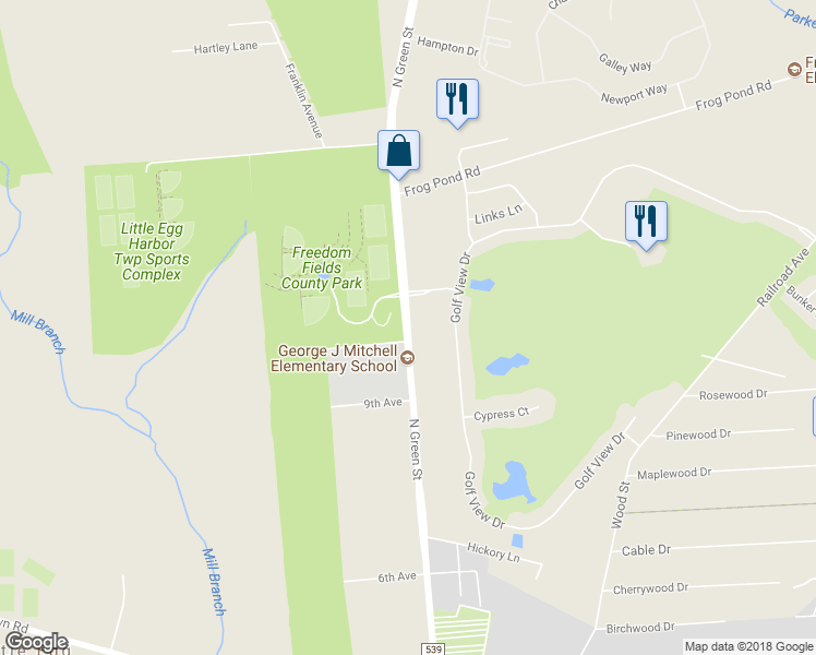 map of restaurants, bars, coffee shops, grocery stores, and more near 1039 North Green Street in Little Egg Harbor Township