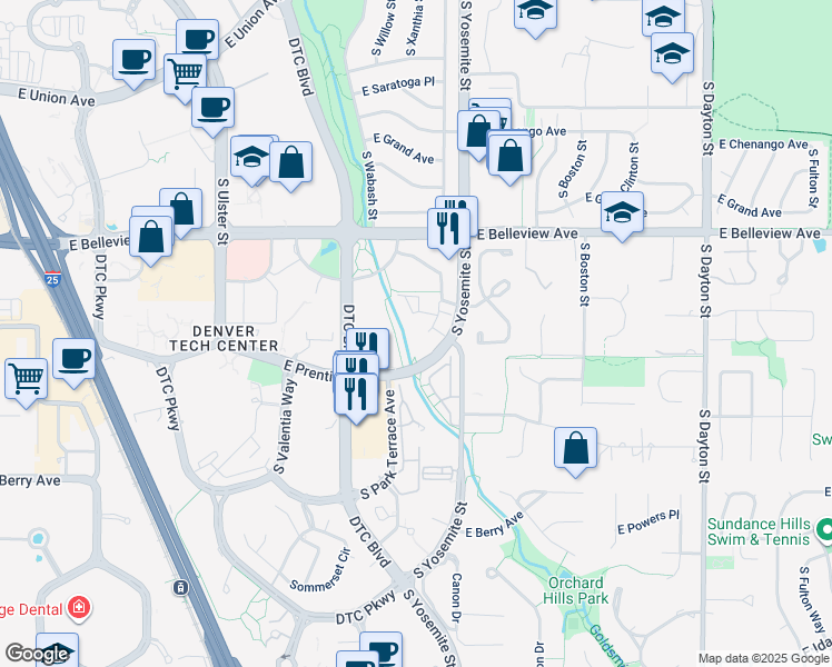 map of restaurants, bars, coffee shops, grocery stores, and more near 8899 East Prentice Avenue in Greenwood Village
