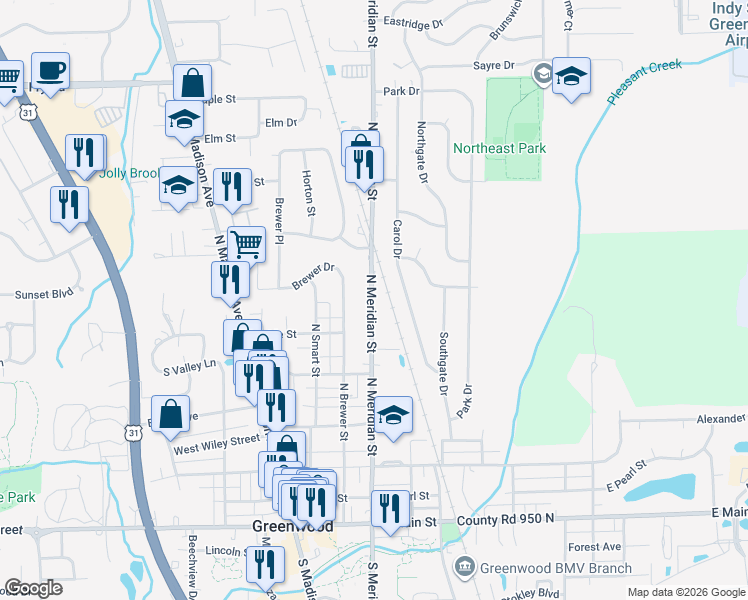 map of restaurants, bars, coffee shops, grocery stores, and more near 397 North Meridian Street in Greenwood
