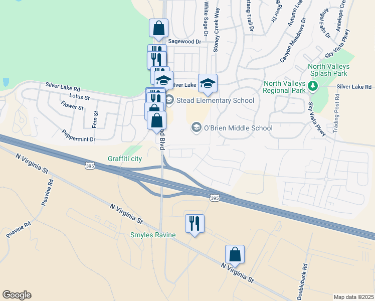 map of restaurants, bars, coffee shops, grocery stores, and more near 9862 Coastal Fog Drive in Reno