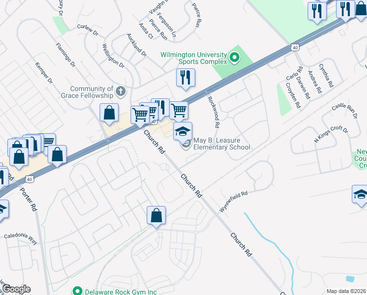 map of restaurants, bars, coffee shops, grocery stores, and more near 1015 West Church Road in Newark