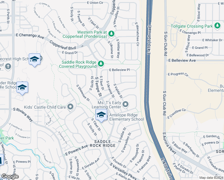 map of restaurants, bars, coffee shops, grocery stores, and more near 5296 South Ukraine Street in Aurora