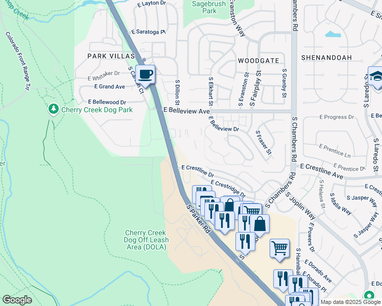 map of restaurants, bars, coffee shops, grocery stores, and more near 5292 South Parker Road in Aurora