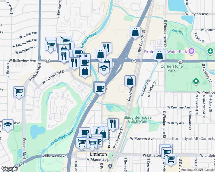 map of restaurants, bars, coffee shops, grocery stores, and more near 5280 South Santa Fe Drive in Littleton