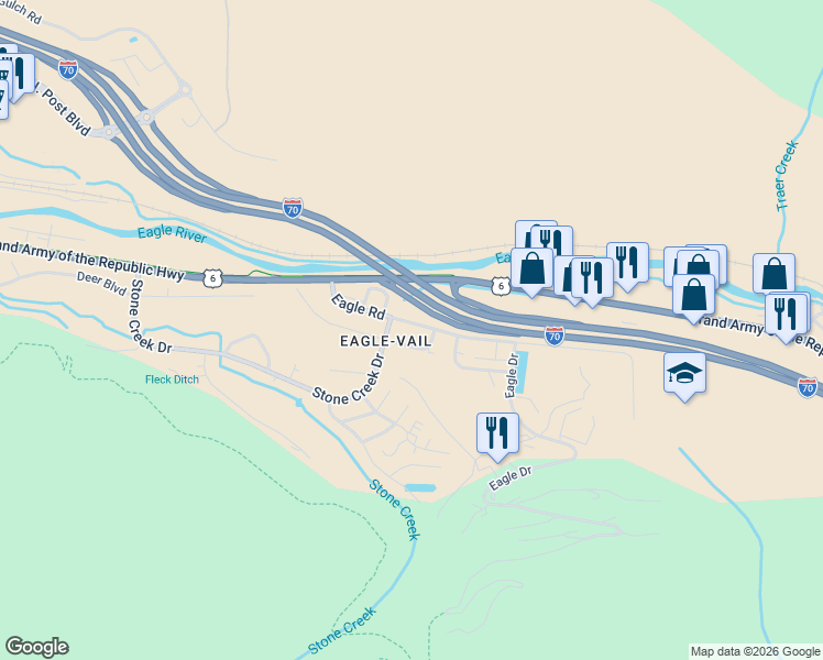 map of restaurants, bars, coffee shops, grocery stores, and more near 34 Stone Creek Drive in Vail