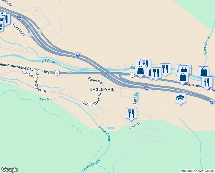 map of restaurants, bars, coffee shops, grocery stores, and more near 34 Stone Creek Drive in Vail